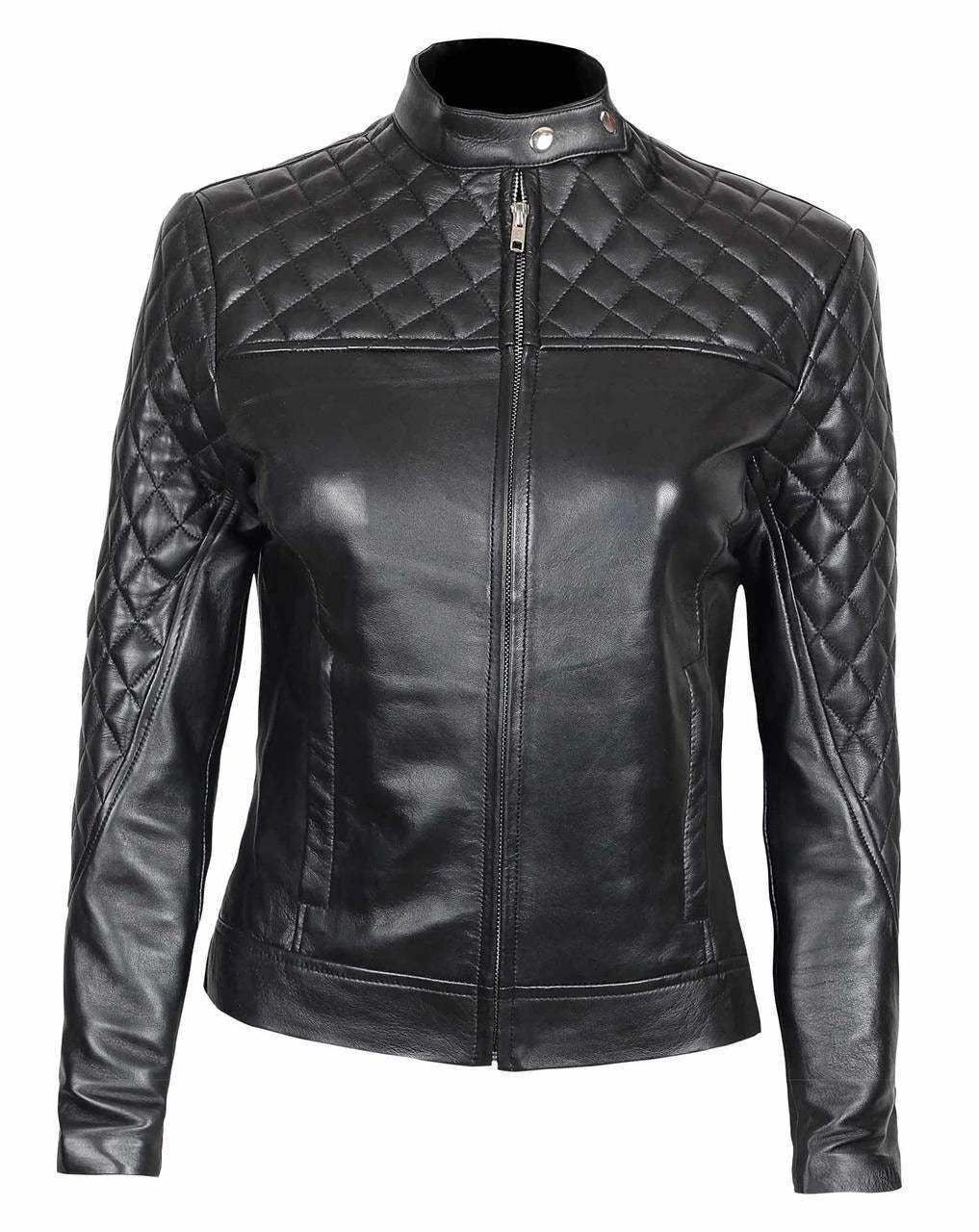 Womens Quilted Black Biker Leather Jacket