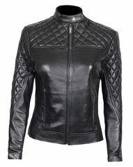 Womens Quilted Black Biker Leather Jacket