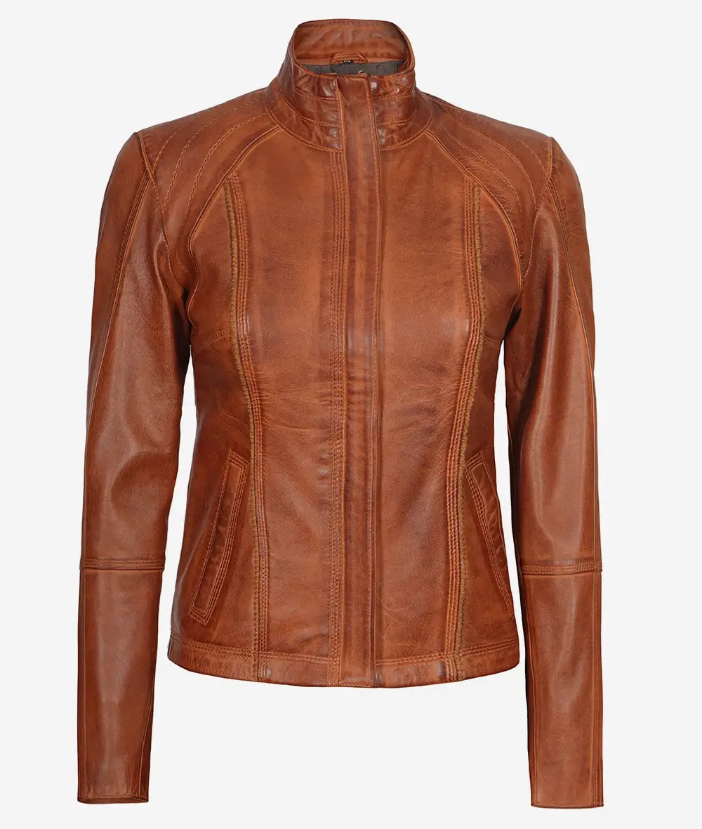 Acerra Women's Cognac Brown Cafe Racer Leather Jacket