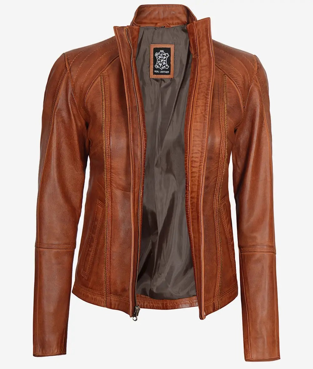 Acerra Women's Cognac Brown Cafe Racer Leather Jacket