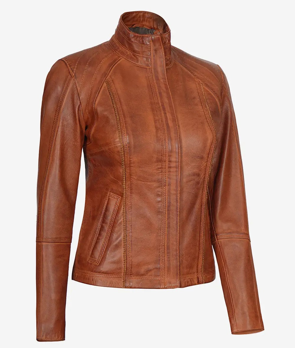 Acerra Women's Cognac Brown Cafe Racer Leather Jacket