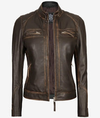 Womens Quilted Rub off Dark Brown Real Lambskin Leather Motorcycle Jacket