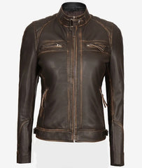 Womens Quilted Rub off Dark Brown Real Lambskin Leather Motorcycle Jacket