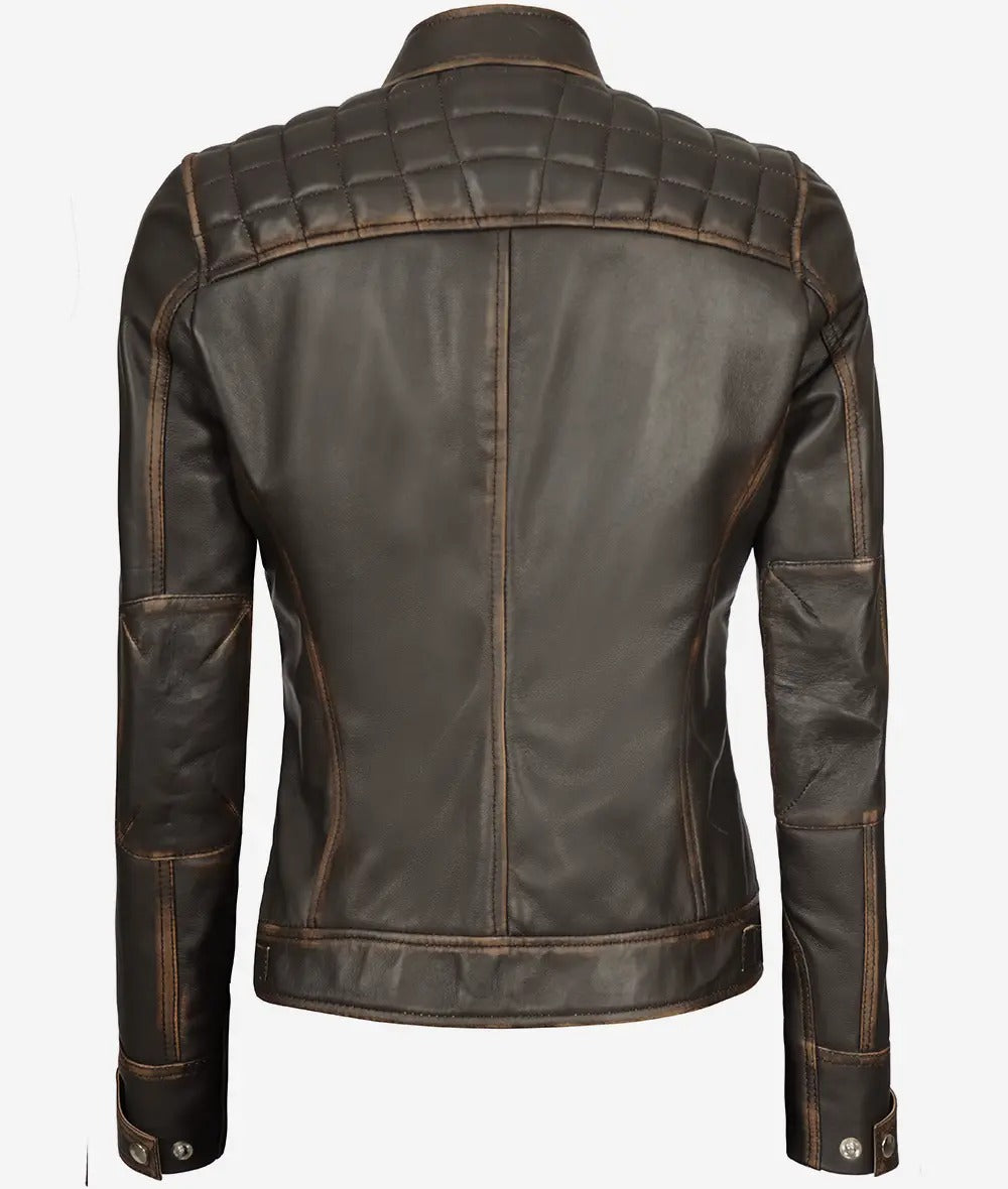 Womens Quilted Rub off Dark Brown Real Lambskin Leather Motorcycle Jacket