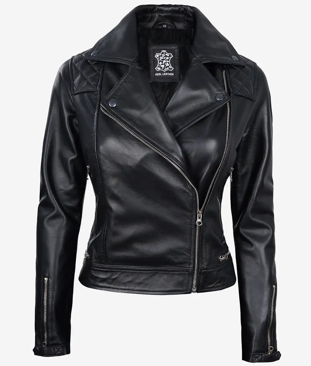 Womens Real Lambskin Leather Black Quilted Jacket