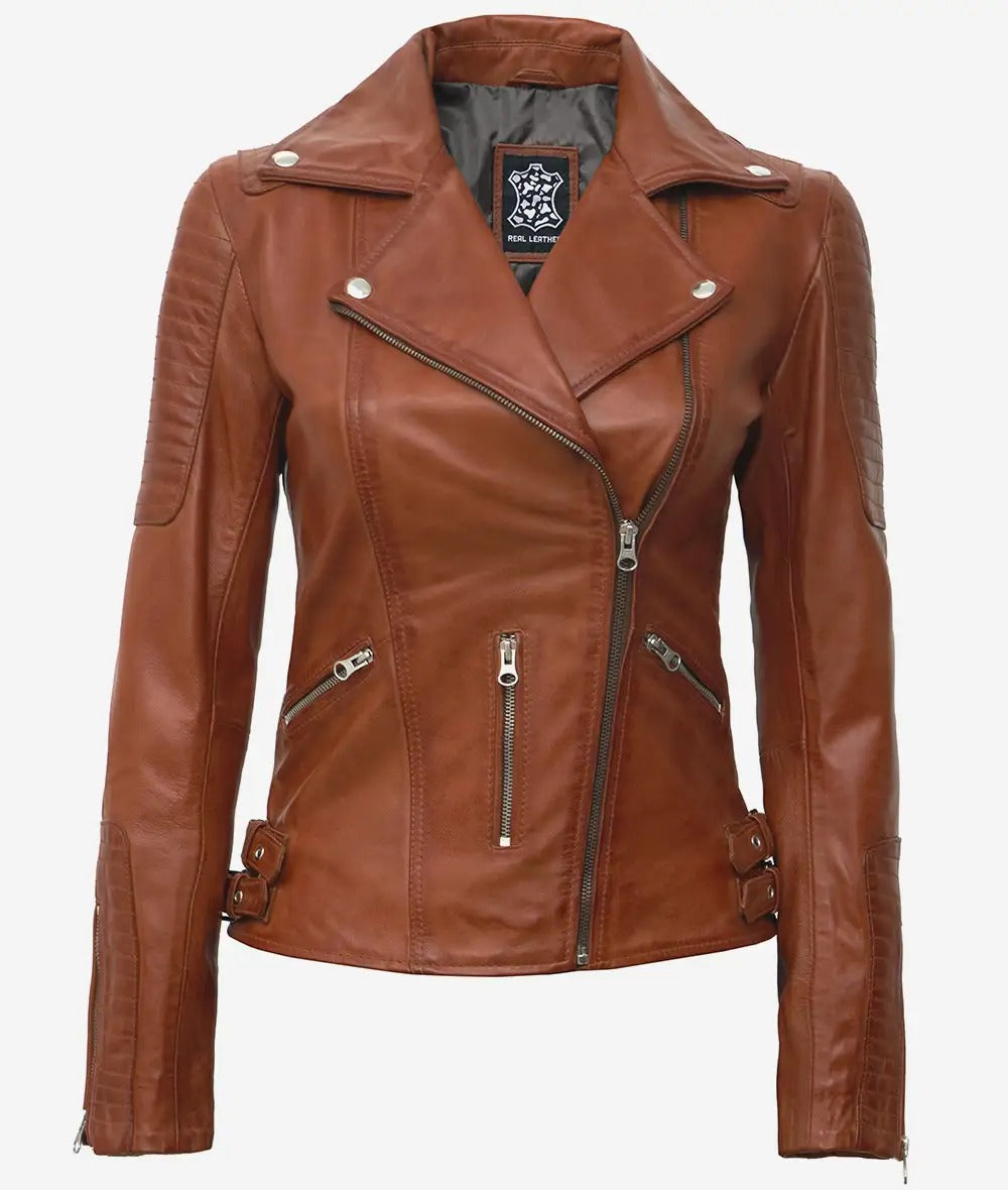 Bari Tan Leather Motorcycle Jacket Womens