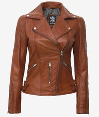 Bari Tan Leather Motorcycle Jacket Womens