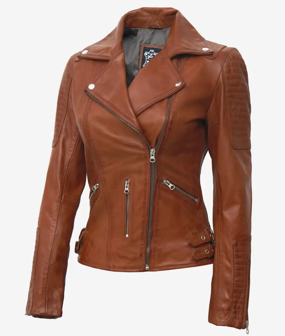 Bari Tan Leather Motorcycle Jacket Womens