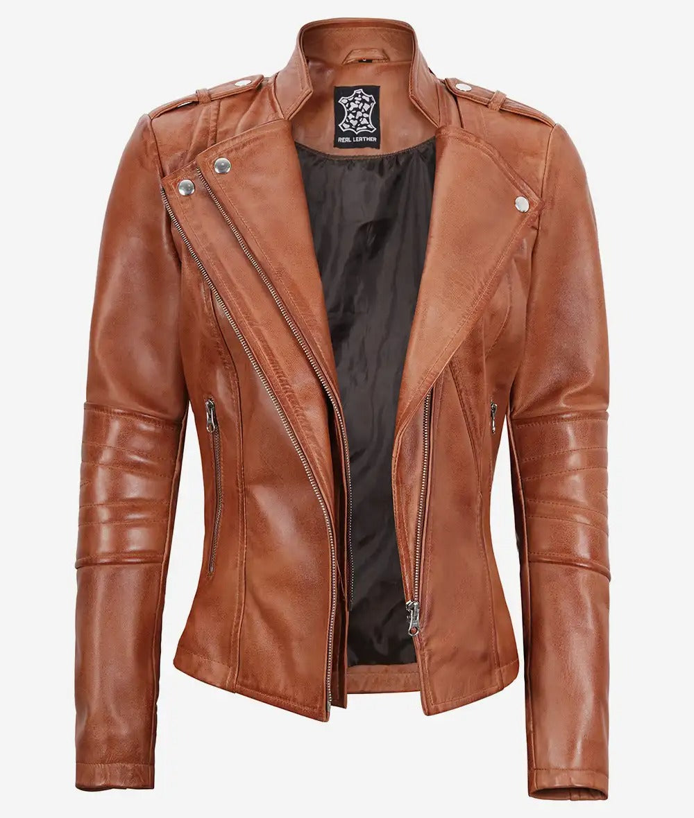 Women's Tan Asymmetrical Moto Leather Jacket