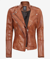 Women's Tan Asymmetrical Moto Leather Jacket