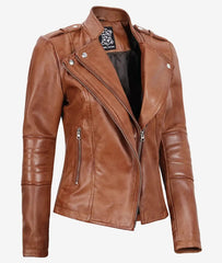 Women's Tan Asymmetrical Moto Leather Jacket