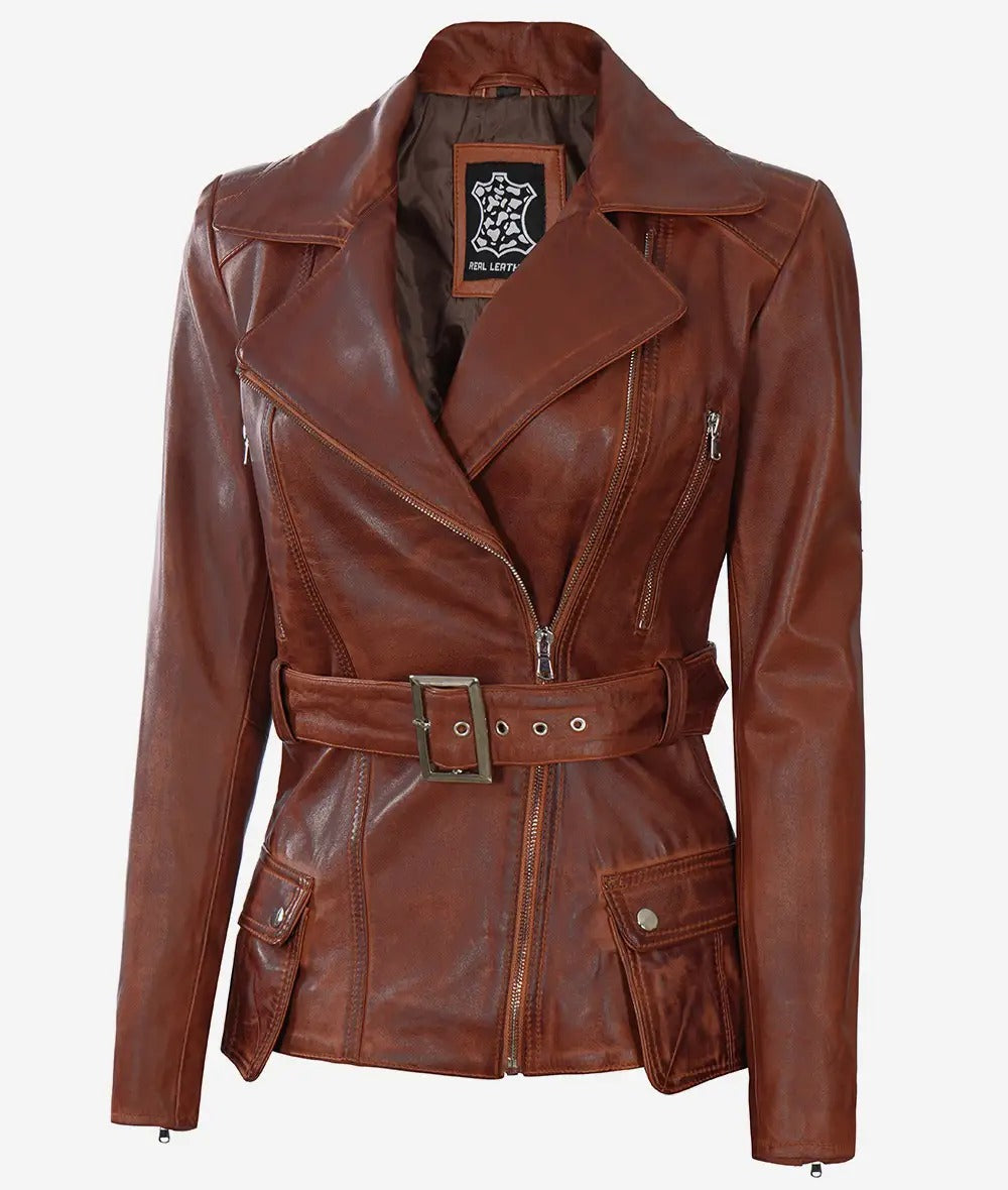 Women's Asymmetrical Cognac Wax Four-Pocket Belted Moto Jacket