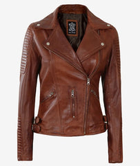 Bari Cognac Asymmetrical Leather Motorcycle Jacket Womens