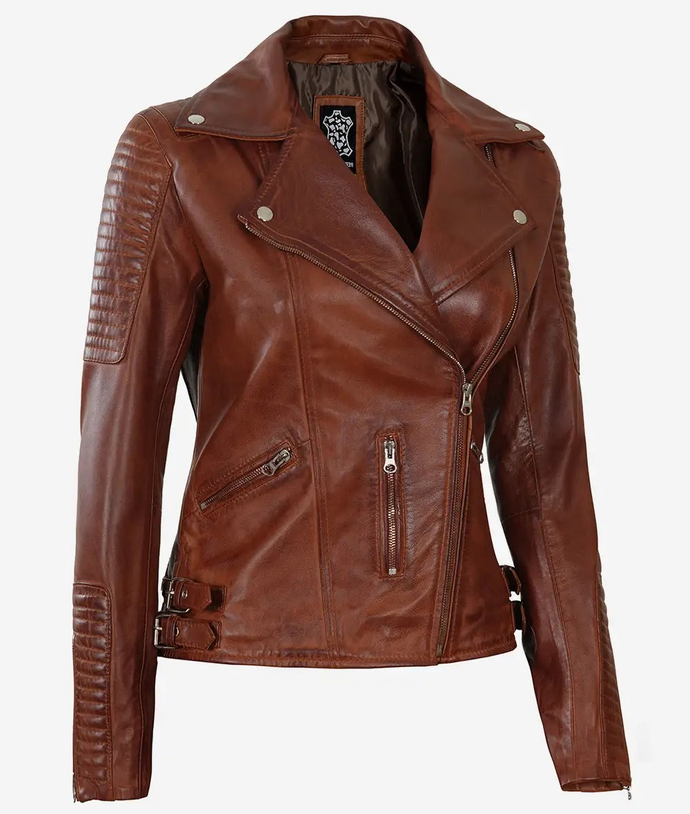 Bari Cognac Asymmetrical Leather Motorcycle Jacket Womens