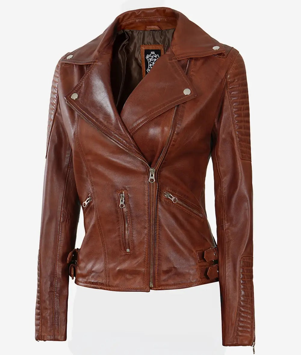 Bari Cognac Asymmetrical Leather Motorcycle Jacket Womens