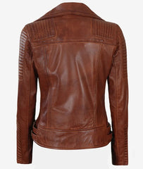 Bari Cognac Asymmetrical Leather Motorcycle Jacket Womens