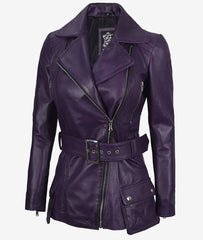 Women's Asymmetrical Purple Belted Moto Leather Jacket