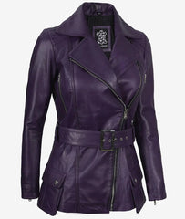 Women's Asymmetrical Purple Belted Moto Leather Jacket