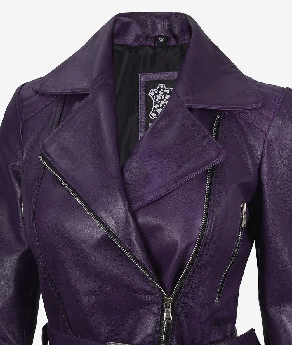 Women's Asymmetrical Purple Belted Moto Leather Jacket