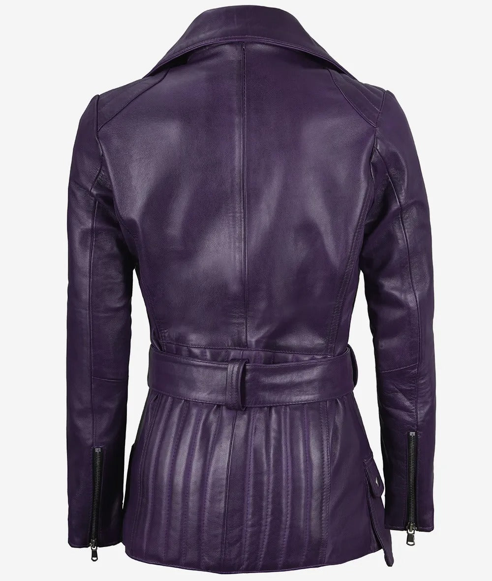 Women's Asymmetrical Purple Belted Moto Leather Jacket