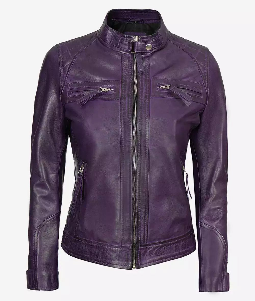 Womens Real Lambskin Leather Purple Biker Jacket