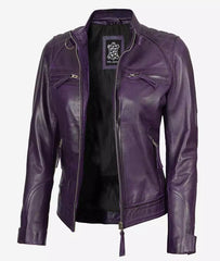 Womens Real Lambskin Leather Purple Biker Jacket