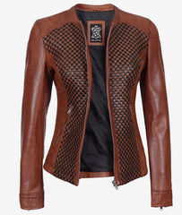 Womens Brown Textured Leather Biker Jacket