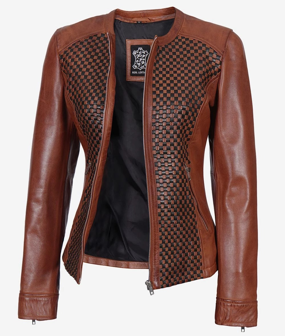 Womens Brown Textured Leather Biker Jacket