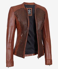 Womens Brown Textured Leather Biker Jacket