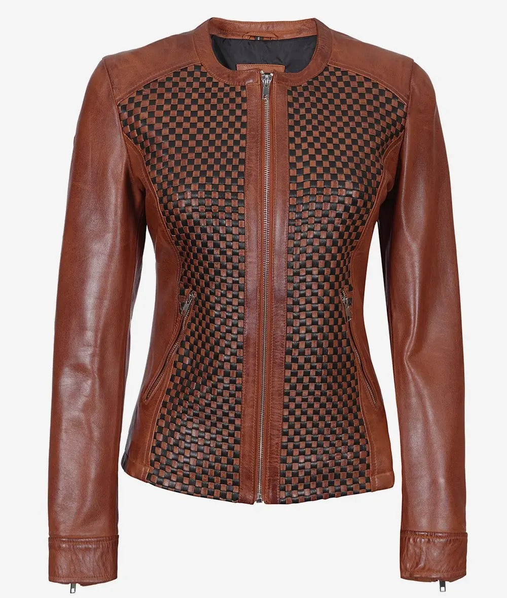 Womens Brown Textured Leather Biker Jacket