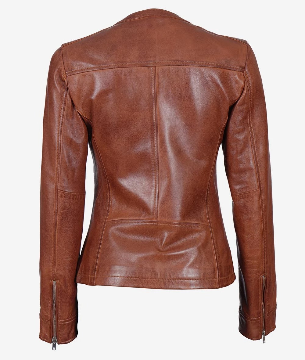 Womens Brown Textured Leather Biker Jacket