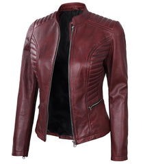 Womens Maroon Leather Cafe Racer Jacket