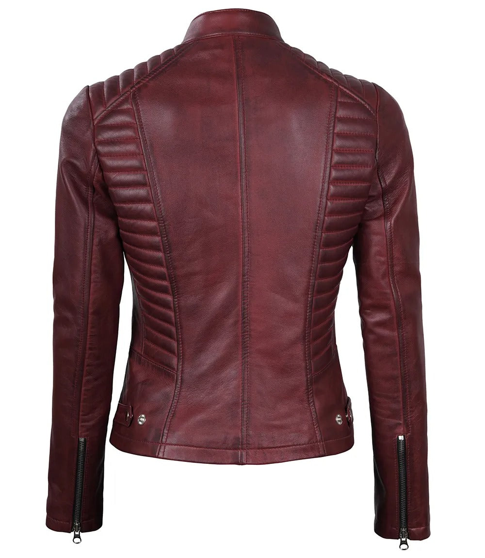 Womens Maroon Leather Cafe Racer Jacket