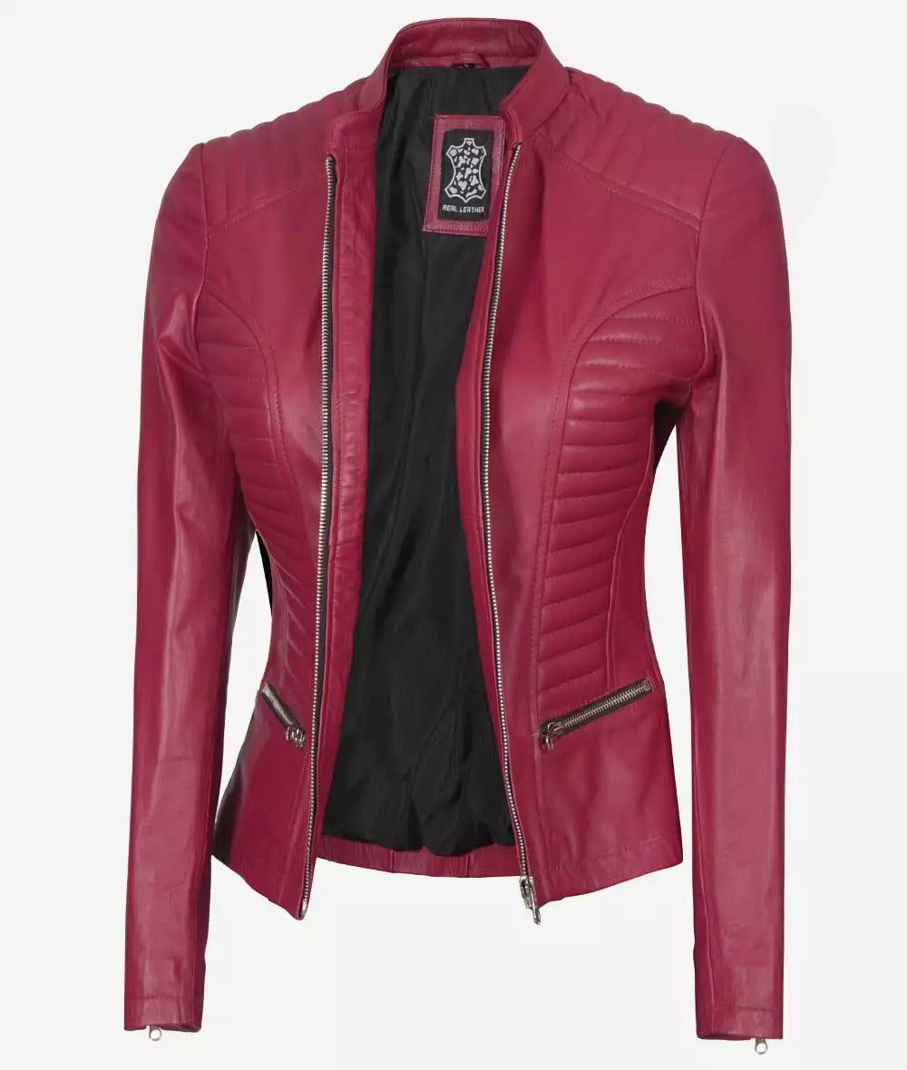 Women's Pink Slim Fit Cafe Racer Leather Jacket