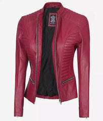 Women's Pink Slim Fit Cafe Racer Leather Jacket