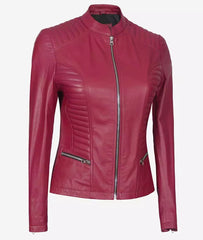 Women's Pink Slim Fit Cafe Racer Leather Jacket