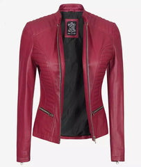 Women's Pink Slim Fit Cafe Racer Leather Jacket