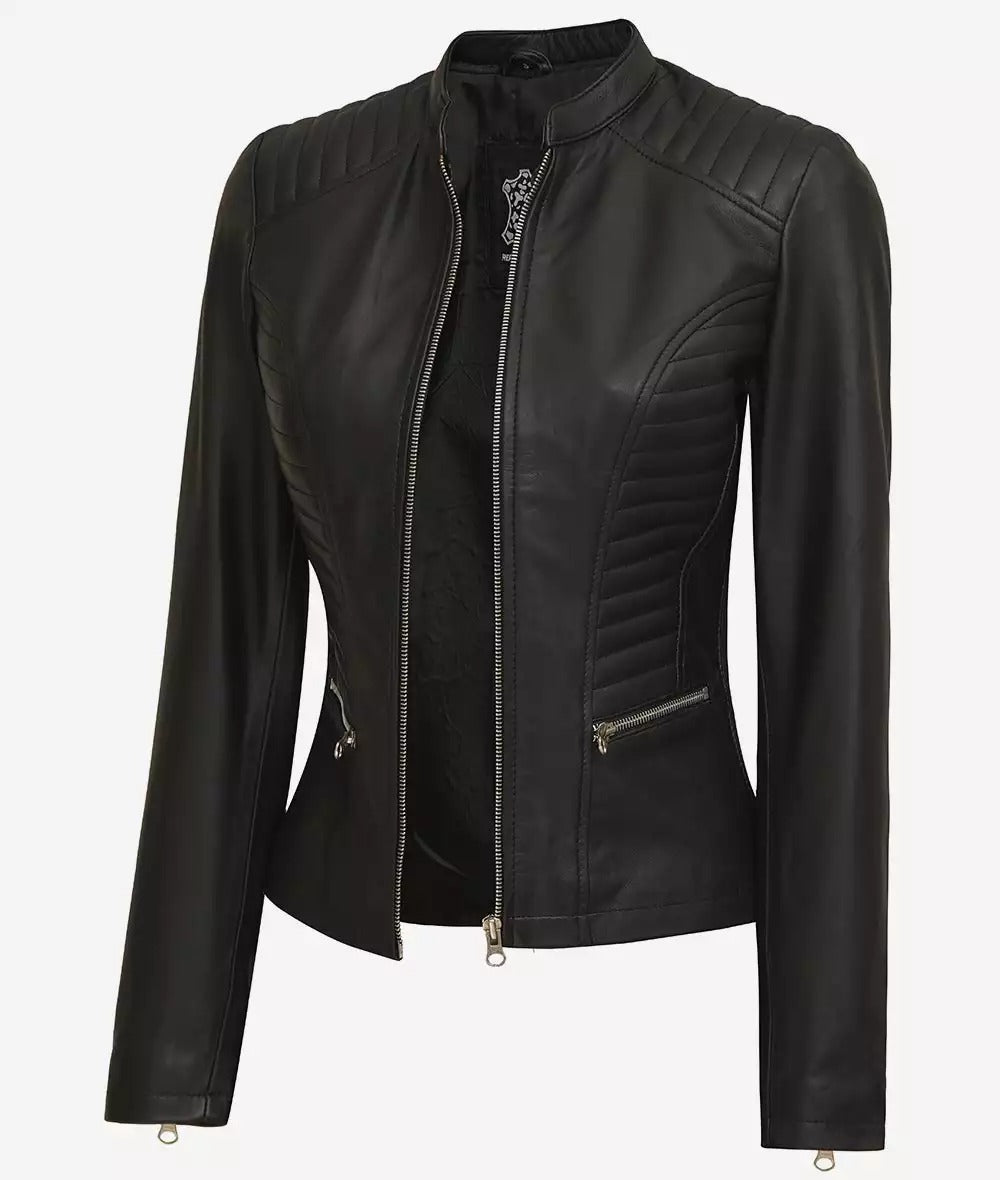 Petite Womens Black Cafe Racer Slim fit Leather Jacket