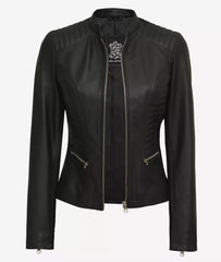 Petite Womens Black Cafe Racer Slim fit Leather Jacket