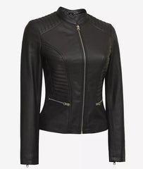 Petite Womens Black Cafe Racer Slim fit Leather Jacket