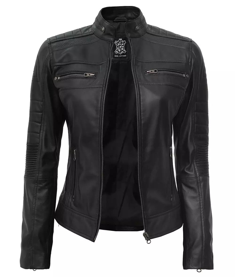 Women's Petite Black Cafe Racer Leather Jacket