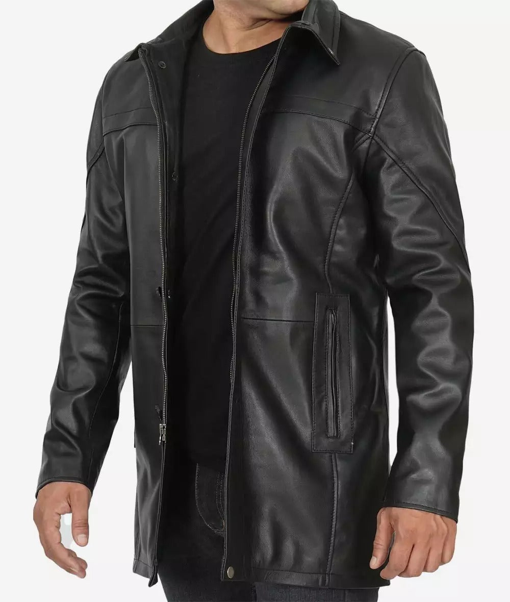 Men's Tall Black Leather Car Coat – 3/4 Length Jacket