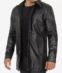 Men's Tall Black Leather Car Coat – 3/4 Length Jacket