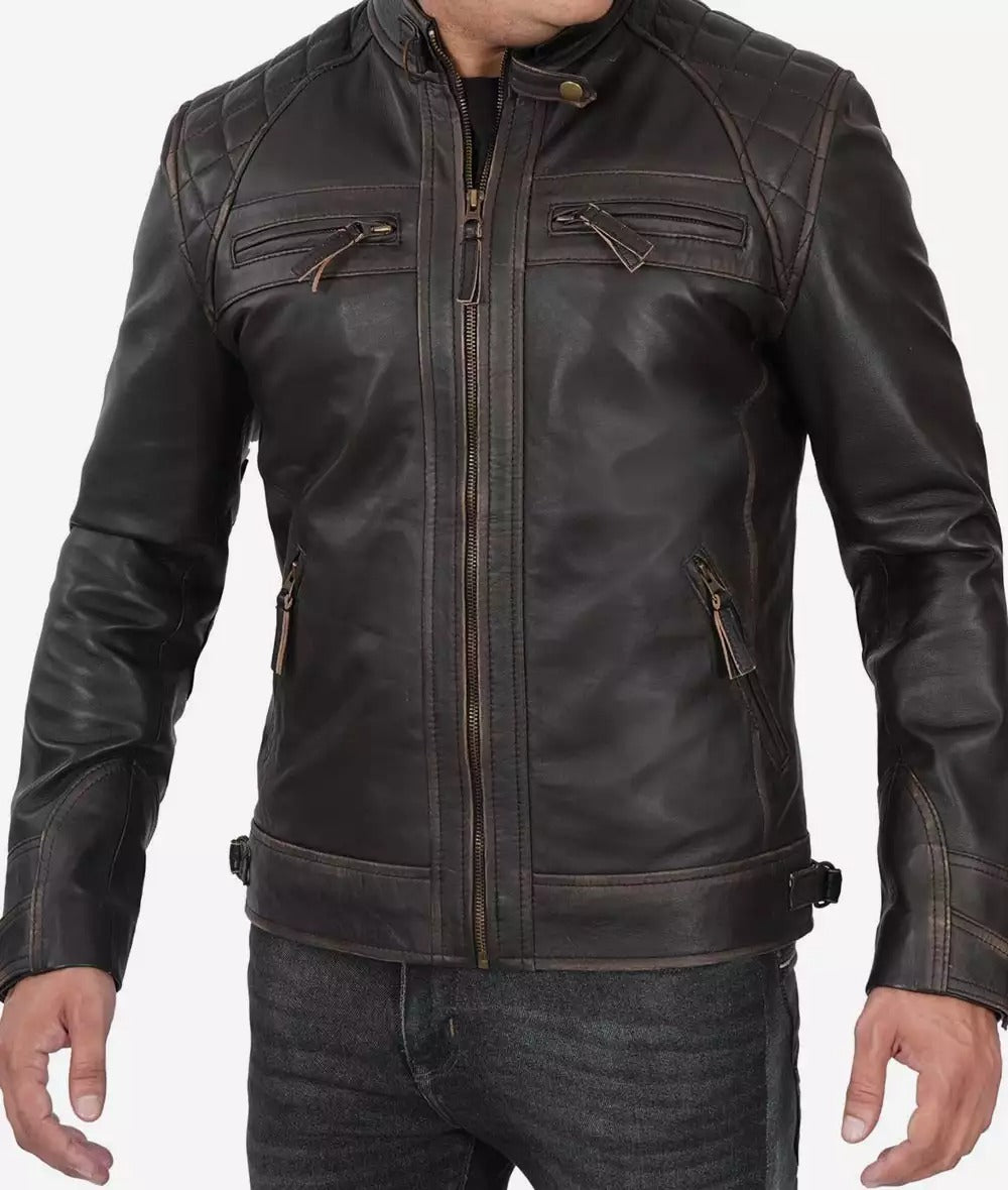 Tall Biker Brown Distressed Leather Jacket for Men