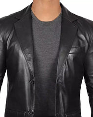 Mens Tall Two Button Black Leather Blazer Jacket