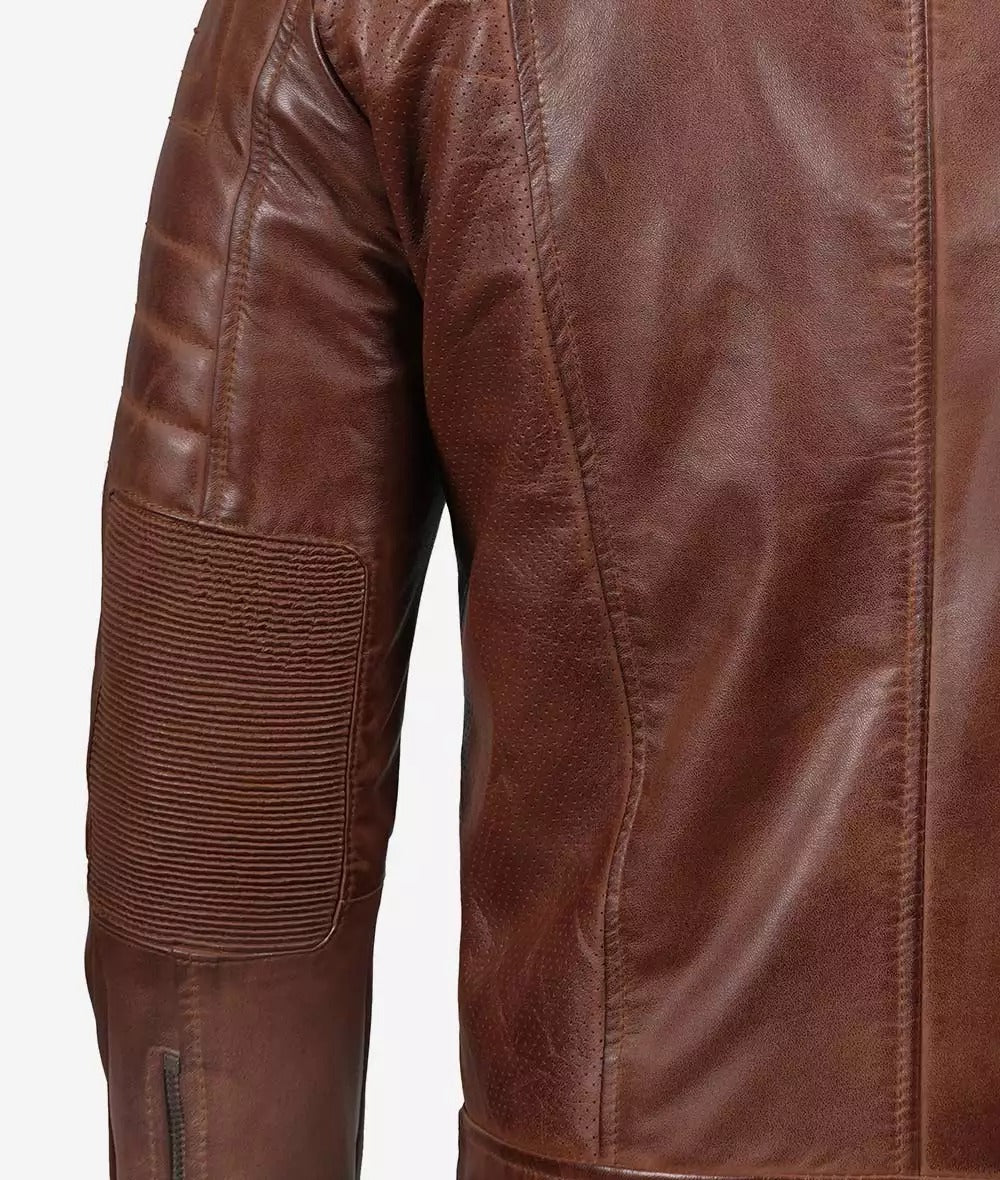 Mens Tall Perforated Cognac Waxed Cafe Racer Leather Jacket