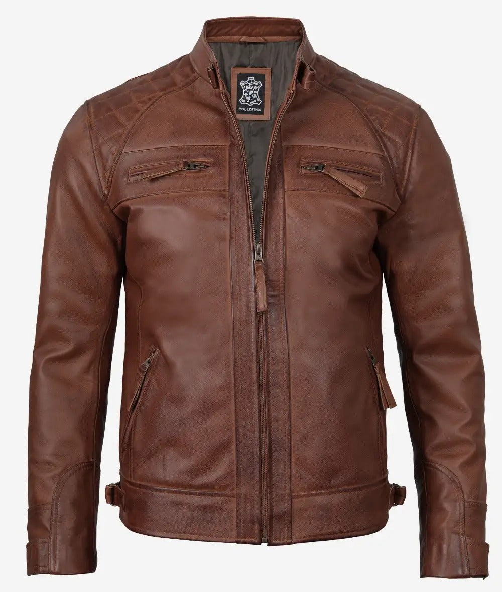 Johnson Mens Tall Cognac Cafe Racer Quilted Leather Jacket