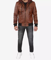 Men's Tall Brown Bomber Hooded Leather Jacket