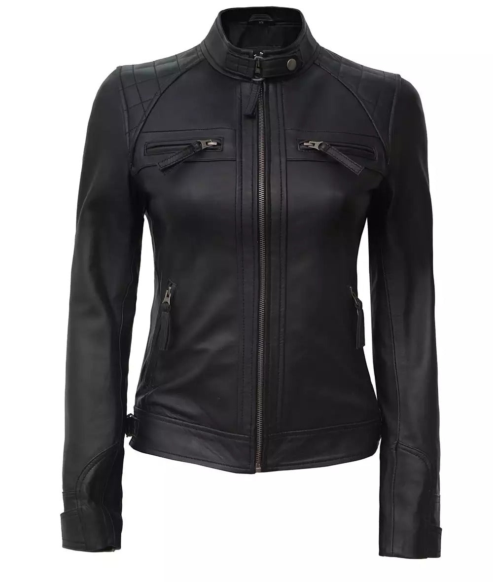 Women's Tall Black Quilted Motorcycle Leather Jacket