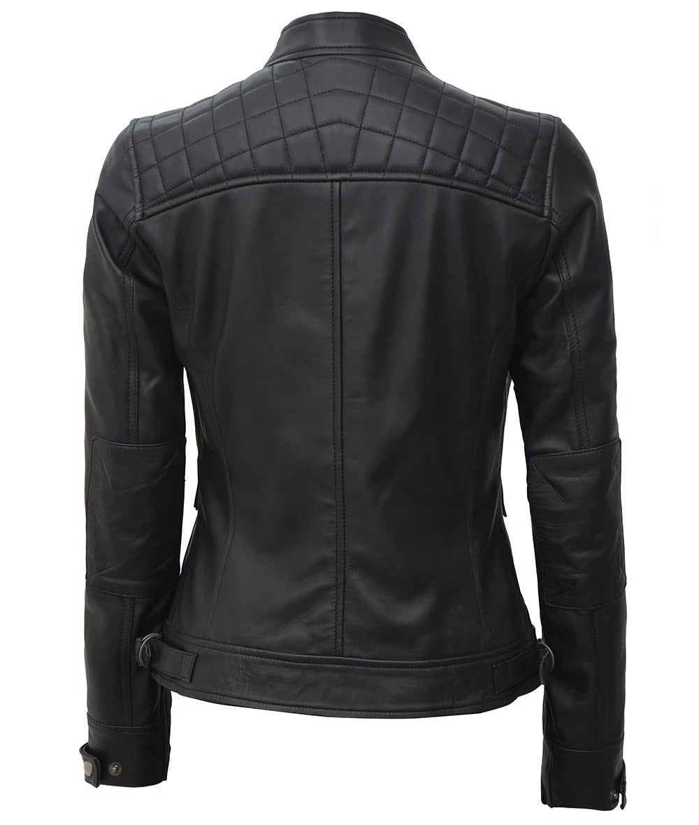 Women's Tall Black Quilted Motorcycle Leather Jacket